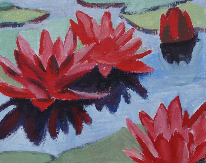oil on board, landscape painting, lily pond, square painting, miniature painting