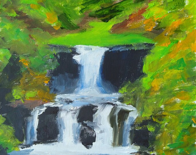 waterfalls, oil on board, oil painting, Plein-air painting, oil sketch, miniature painting, square painting