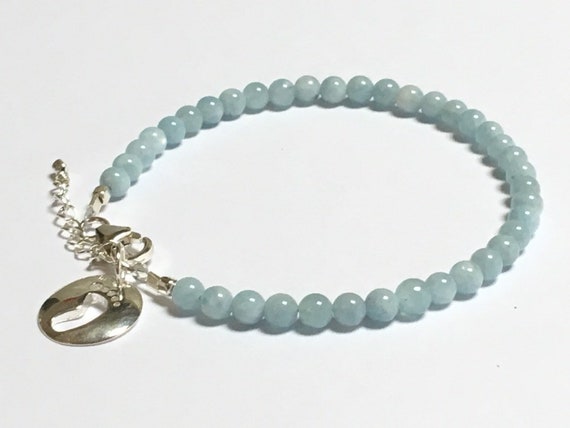 Aquamarine and Sterling Silver Beaded Bracelet Natural Gemstone