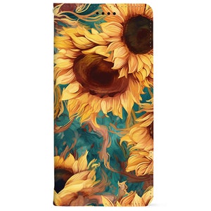 Peut inclure: Une coque de téléphone avec un motif de tournesols jaunes sur un fond bleu sarcelle.