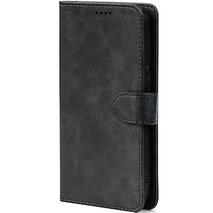 Könnte beinhalten: Eine schwarze Leder-Handyhülle mit Klappverschluss und strukturierter Oberfläche.