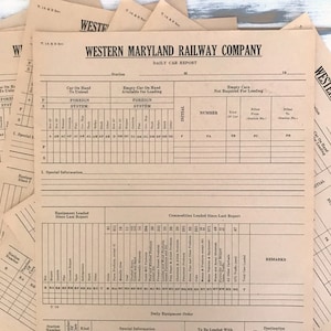 Documentos antiguos del ferrocarril del oeste de Maryland - Paquete de documentos antiguos - Informe diario de vagones de ferrocarril - Trenes / Railroadiana / Efímeras