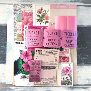Pacote de itens efêmeros rosa - Papéis vintage rosa - Ingressos / Etiquetas / Itens efêmeros de papel