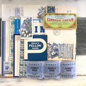 Blue Ephemera Packet - Blue Vintage Papers - Tickets / Labels / Stationery / Dennison /  Paper Ephemera