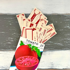Etichette gommate rosse vintage / Assortimento di etichette per barattoli / Etichette per pacchetti di semi vintage / Etichette per marcatura / Etichette per inscatolamento / Etichette per frutta e verdura