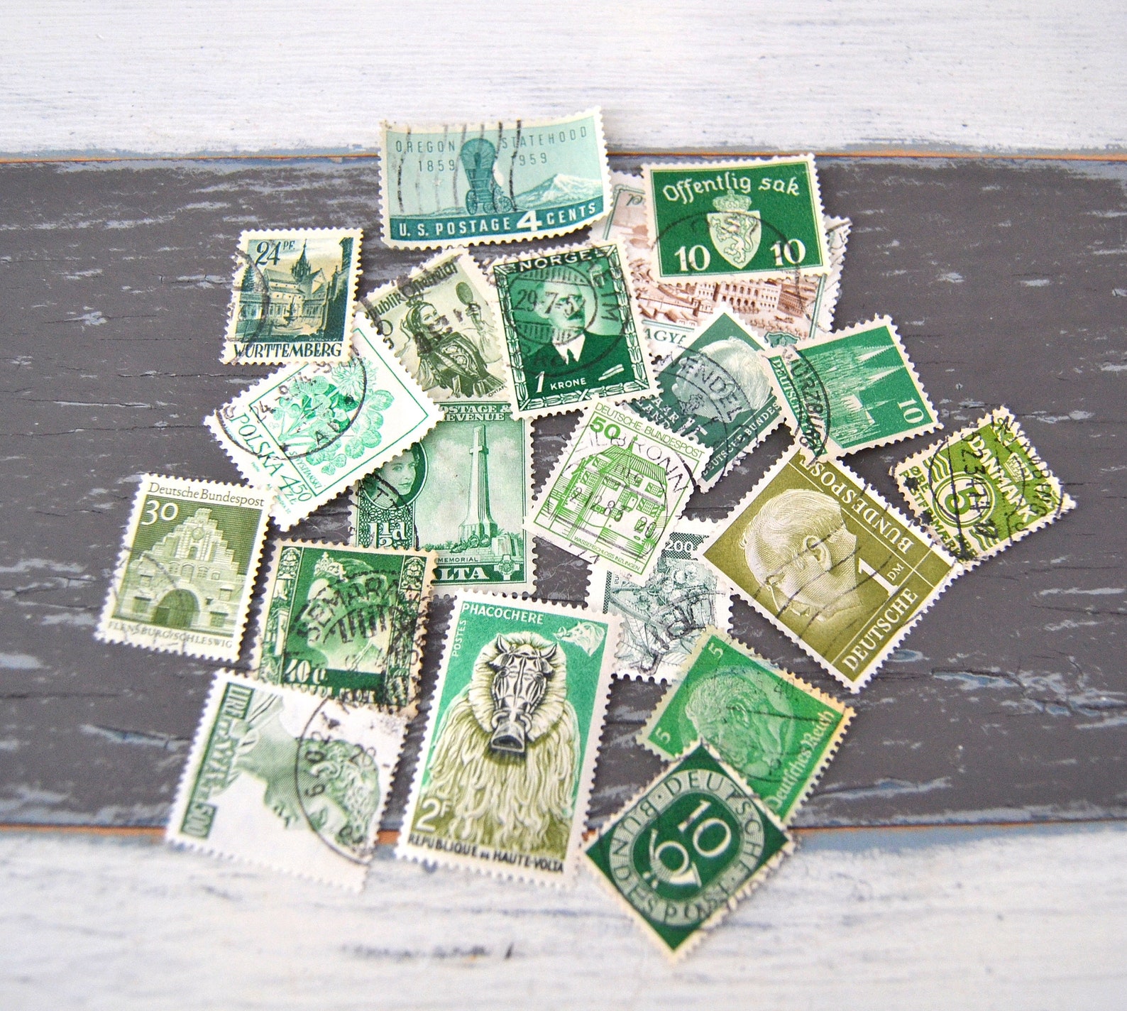 Vintage Cancelled International Postage Stamps Green Stamps Etsy