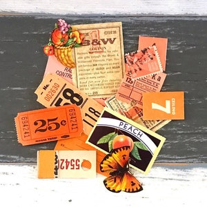 Winziges Ephemera Päckchen - Orangefarbene Vintage Papiere - Tickets / Etiketten / Porto / Ephemera