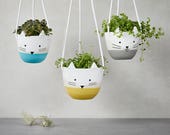 Hanging planter, Ceramic plant hanger, succulent pot, terrarium. Modern plant holder,kitty and cats lover planter, cat and muzzle graphics,