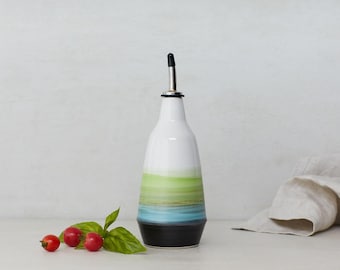 dispenser for olive oil, vinegar cruet handmade sunshine pattern bottle in ceramic