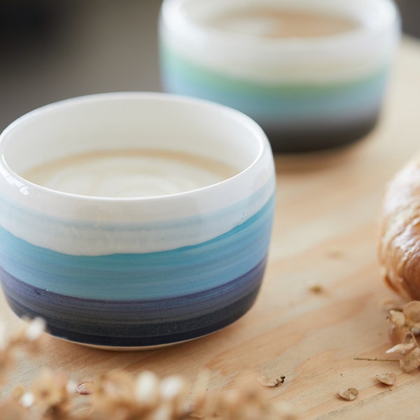 bowl for latte, ceramic bowl, hand made coffee cup white and blue