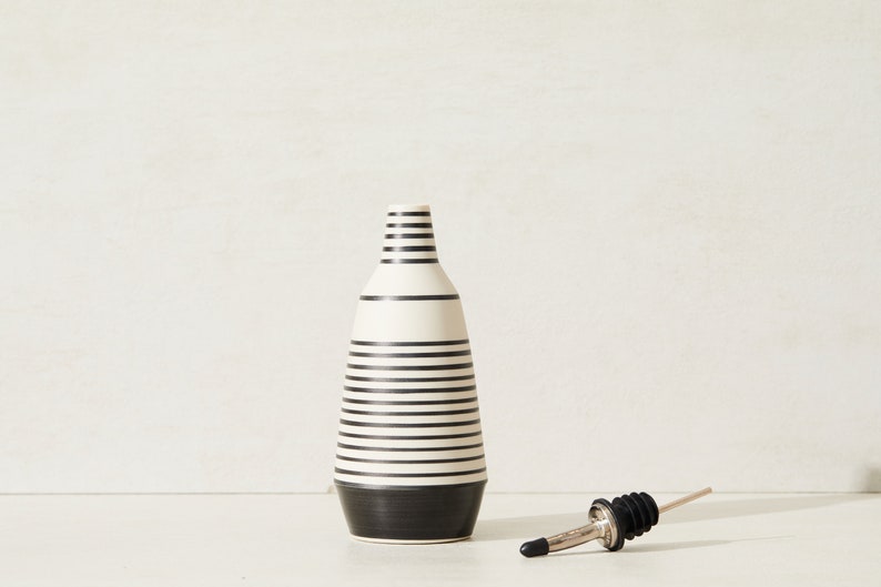 Dispenser for olive oil cruet, handmade unique ceramic bottle black stripes image 6