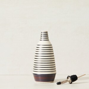 Dispenser for olive oil cruet, handmade unique ceramic bottle black stripes burgundy/aubergine