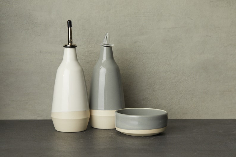 dispenser for olive oil, vinegar cruet handmade dark grey white bottle in ceramic image 10