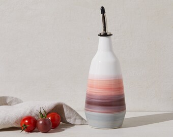 dispenser for olive oil, vinegar cruet  handmade grey white pink bottle in ceramic