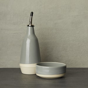 Duo dispensers for olive oil, vinegar cruet handmade grey, white bottle in ceramic. With 1 or 2 Bowl for dessert, sauce. image 6