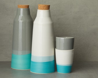Carafe, water pitcher, bottle in ceramic with cork stopper, white, dark grey, turquoise, made in Canada