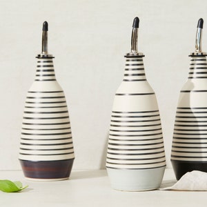 Dispenser for olive oil cruet, handmade unique ceramic bottle black stripes