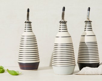 Dispenser for olive oil cruet, handmade unique ceramic bottle black stripes