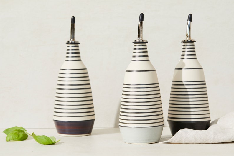 Dispenser for olive oil cruet, handmade unique ceramic bottle black stripes image 1