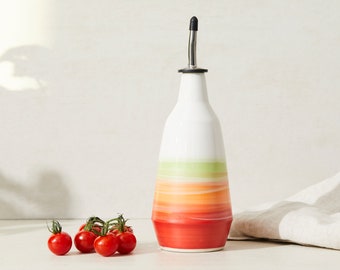 dispenser for olive oil, vinegar cruet  handmade red orange green lime bottle in ceramic