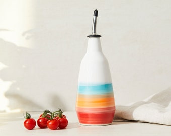 dispenser for olive oil, vinegar cruet  handmade red orange aqua bottle in ceramic
