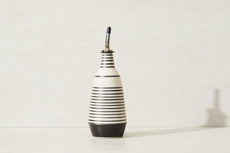 Dispenser for olive oil cruet, handmade unique ceramic bottle black stripes black/noir