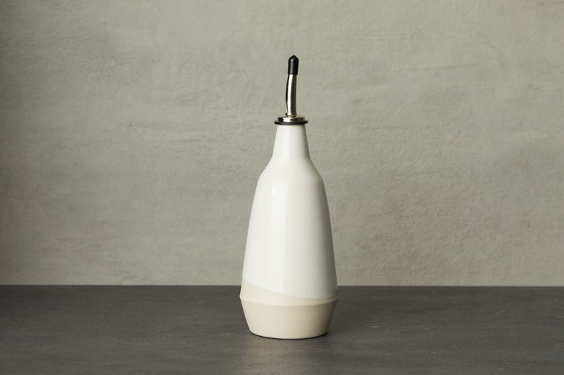 dispenser for olive oil, vinegar cruet handmade dark grey white bottle in ceramic White-blanc