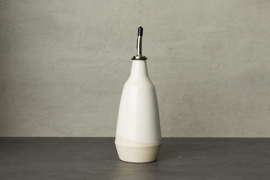 Dispenser for Olive Oil, Vinegar Cruet Handmade White Bottle in Ceramic