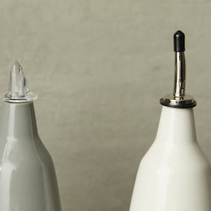 Duo dispensers for olive oil, vinegar cruet handmade grey, white bottle in ceramic. With 1 or 2 Bowl for dessert, sauce. image 5