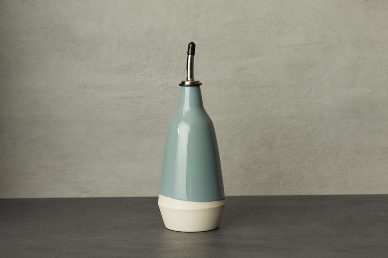 dispenser for olive oil, vinegar cruet handmade dark grey white bottle in ceramic Blue-Green/bleuvert