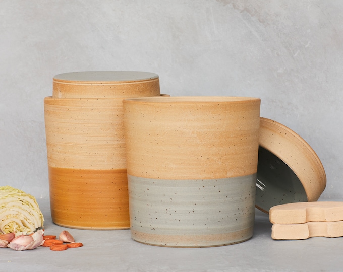 Fermentation Crock Water Seal Pot Kimchi Sauerkraut Made in Ceramic 2 Liters Yellow Grey Etsy