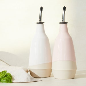 Dispenser for olive oil cruet, handmade unique ceramic bottle pink white decor