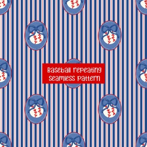 Peut inclure: Motif répété sur le thème du baseball. Des ovales bleus avec un motif de baseball et de nœud sont disposés sur un fond de rayures verticales rouges, blanches et bleues. Le texte "Baseball repeating seamless pattern" est dans un rectangle rouge.