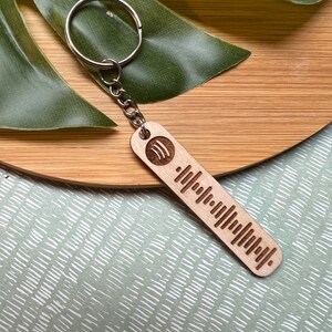 Peut inclure: Un porte-clés en bois avec un anneau de clé en argent. Le porte-clés a un logo Spotify et un code-barres gravés dessus.