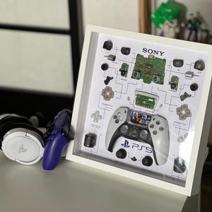Peut inclure: Une impression encadrée blanche d'une manette de PlayStation 5 démontée avec le texte "SONY" et "PS5" sur l'impression. L'impression est sur une surface blanche.