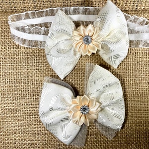 White embroidered fabric hair bows. Set of white bows for sisters. Baptismal headband. First communion hair bow. Christian bracelet