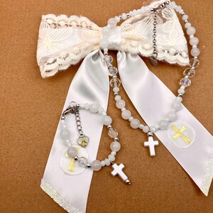 White hair bow, bracelet and necklace set, Christian gift, Lace bow for first communion, Unisex cross bracelets, Catholic bracelet, Baptism