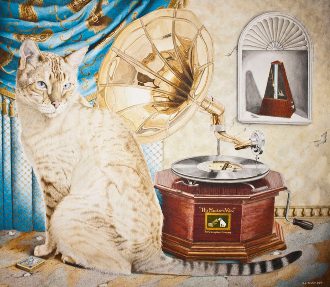 Snow Bengal Cat Card, 'HMV' Gramophone Watercolor Art - Etsy
