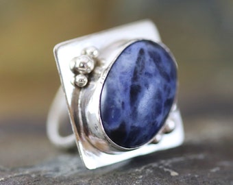 Silver and sodalite statement cocktail ring - unique and handmade - jewellery - jewelry - semi-precious stone