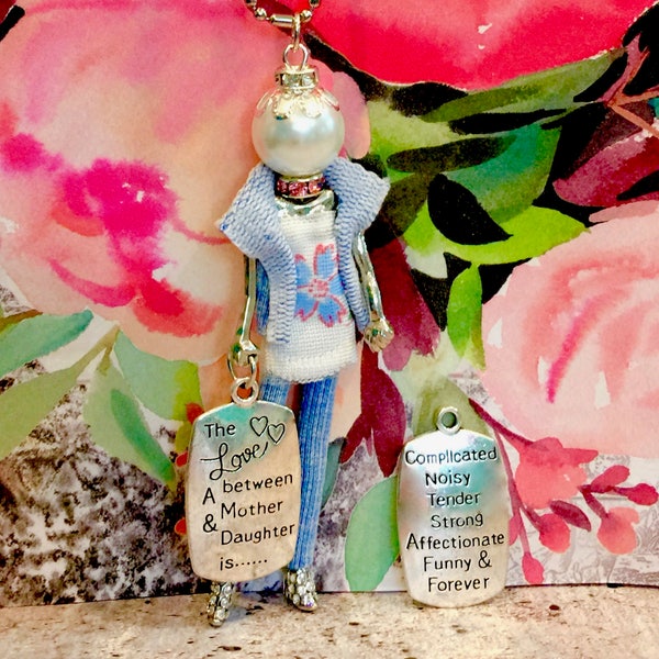French doll pendant, doll necklace, Mother's Day necklace, mother & daughter love, denim doll, Ellie's Belle: Abby