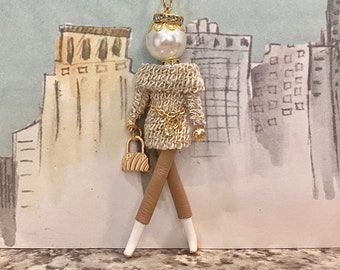Handcrafted French Doll Pendant Necklace, tunic sweater, chain belt, white boots, Fashionista, Ellie's Belle:  Roberta