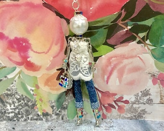 French doll necklace, Paris doll necklace, rainbow crystal pendant, multi colored bling, denim and diamonds, Ellie&#39;s Belle: Lulu