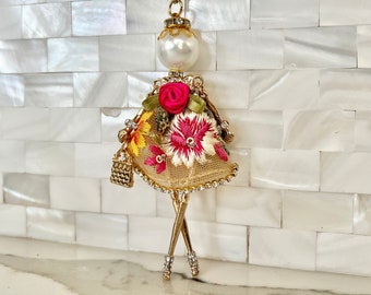 French doll pendant, Parisian doll necklace, doll jewelry, floral dress, garden party, Ellie's Belle: Miranda