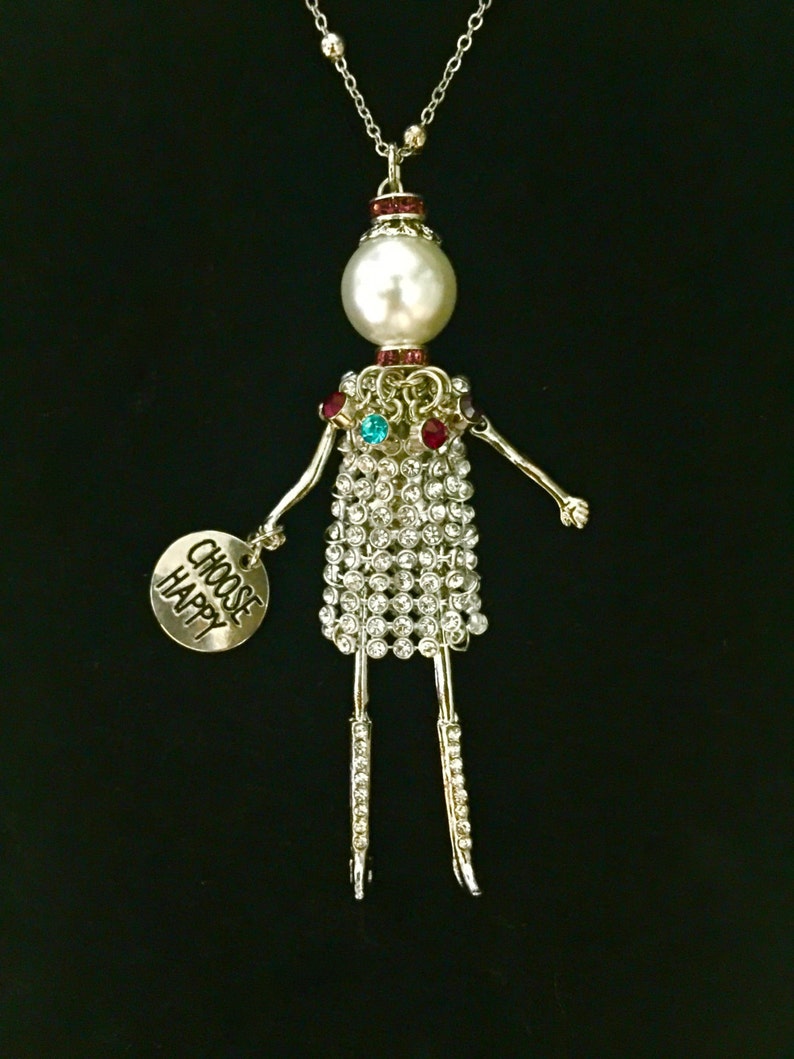 French Doll Pendant Choose Happy Necklace Rhinestone Bling Birthstone Ellie S Belle Lexie