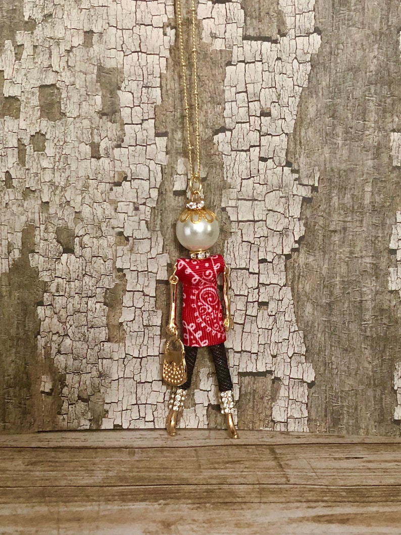 French Doll Pendant Necklace Bandana Girl Red Print Denim And Diamonds Ellie S Belle Rhonda