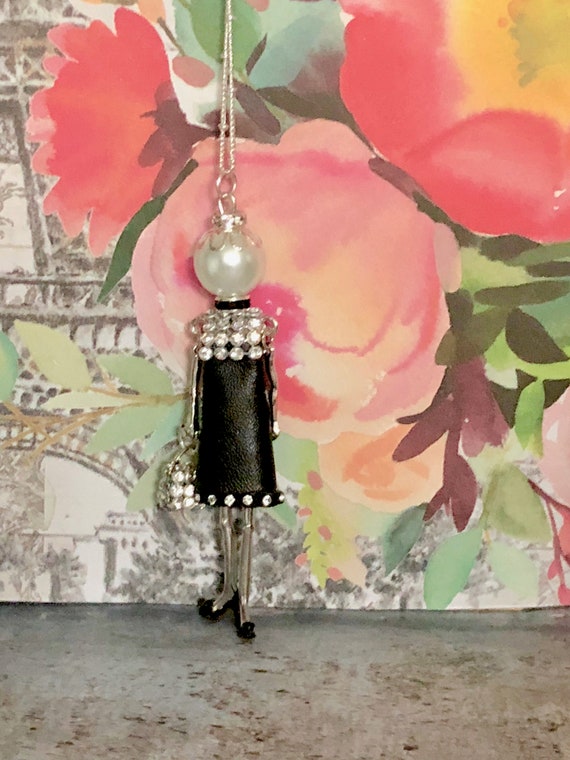 French Doll Pendant Necklace, Rhinestone and leather, Red Sole Shoes, little black dress,  stilettos, Ellie's Belle: Louise