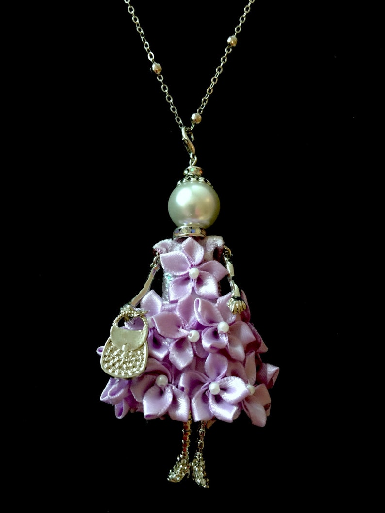 French doll pendant doll necklace lilac dress Ellies's Etsy