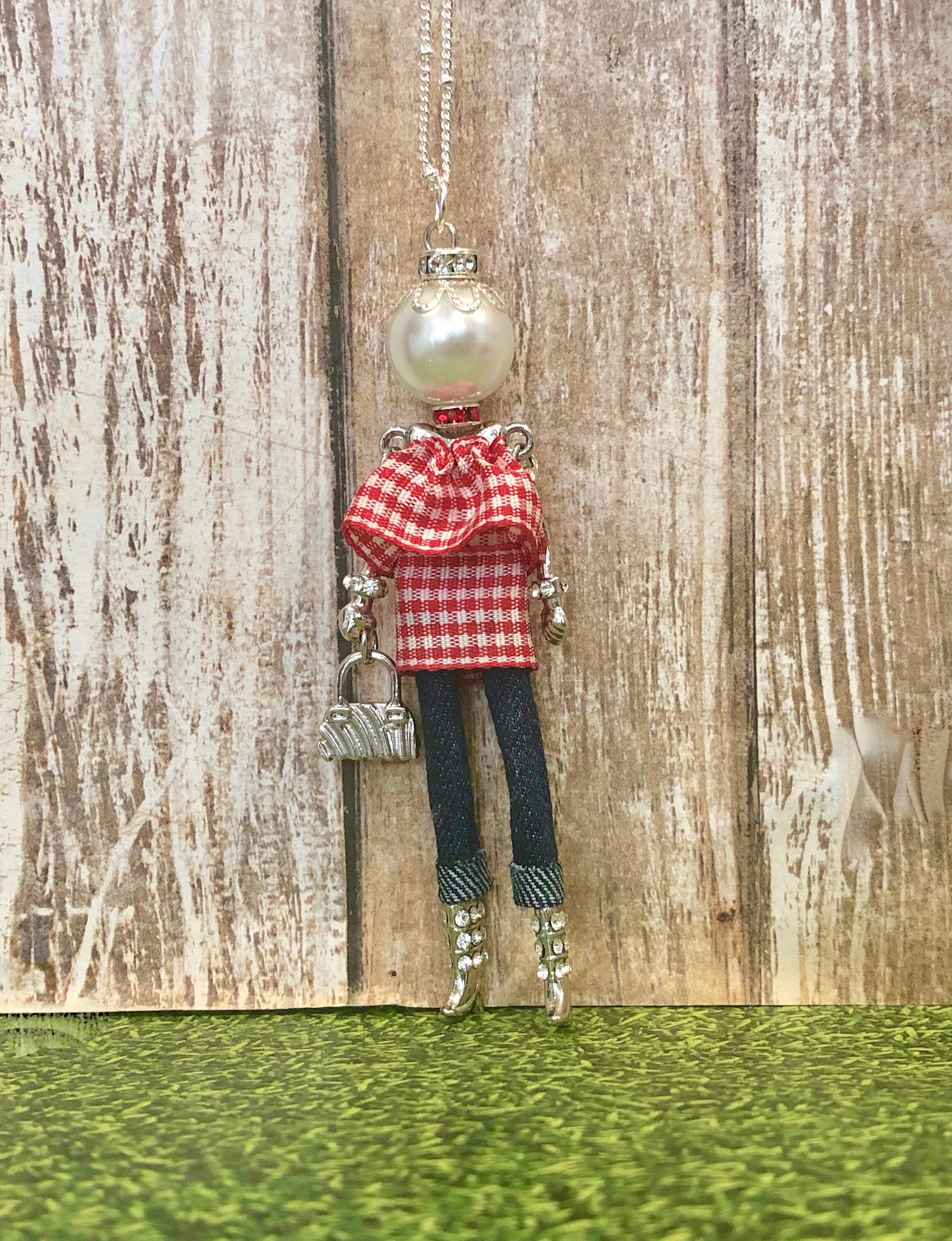 French doll pendant necklace, Paris doll necklace, denim and diamonds, gingham, country girl, Southern style, Ellie's Belle: Madison
