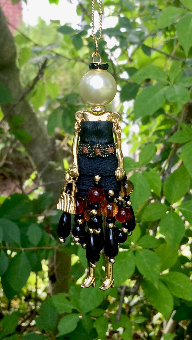 French Doll Necklace Doll Pendant Black Bead Bling Beaded Etsy