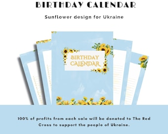 Sunflowers Birthday Printable Calendar | Support Ukraine | Perpetual Calendar